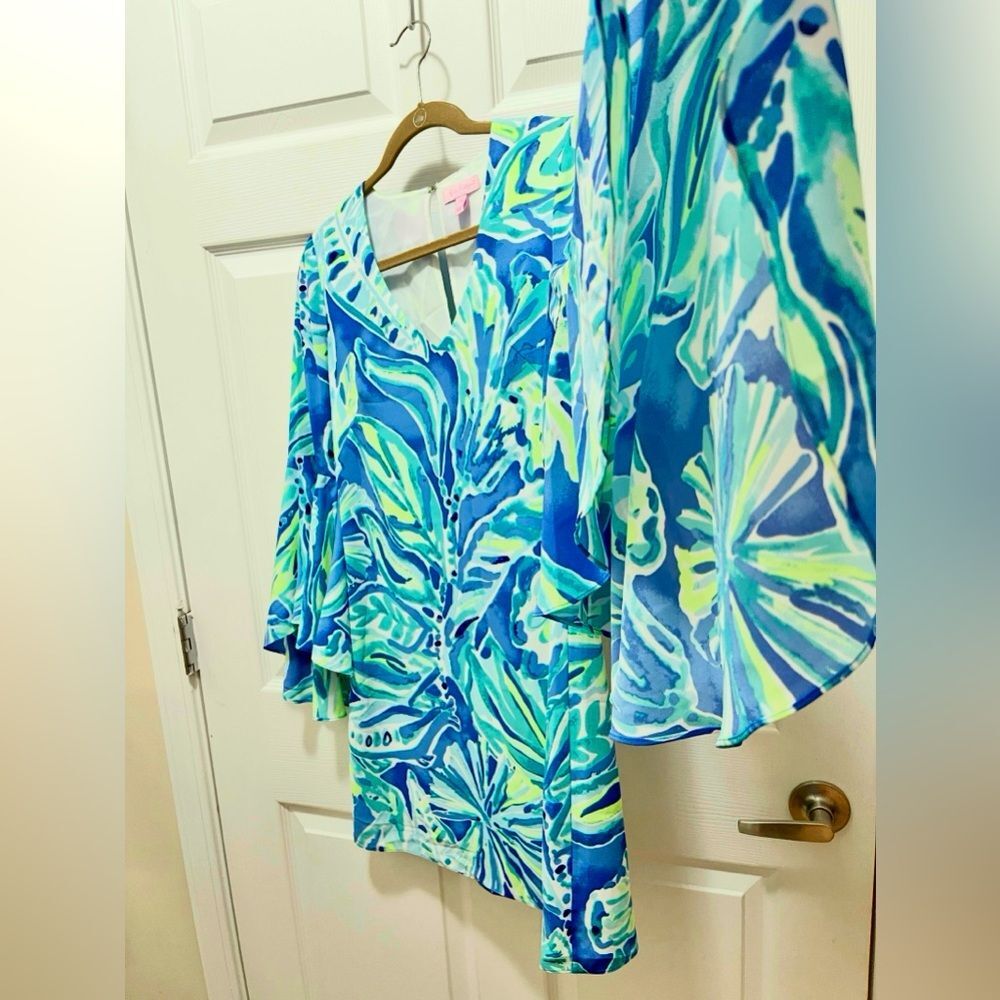 Lilly Pulitzer Dress Rosalia Beckon Blue Palm Passage Crepe Flounce Sleeves 00 - Picture 6 of 11